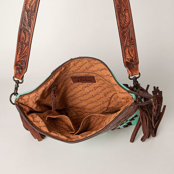 LC-ADBGZ230 Aztec Wool Crossbody with Tooled Leather & Fringe - Western Shoulder Bag