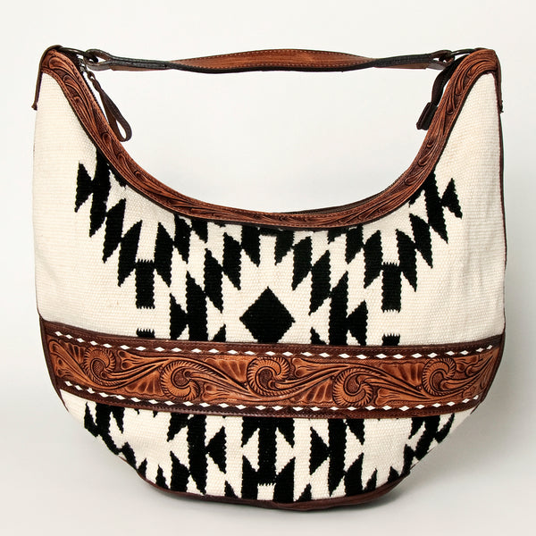 LC-ADBGZ310 Hand Tooled Leather Hobo Bag - Black & White Wool Aztec Shoulder Purse
