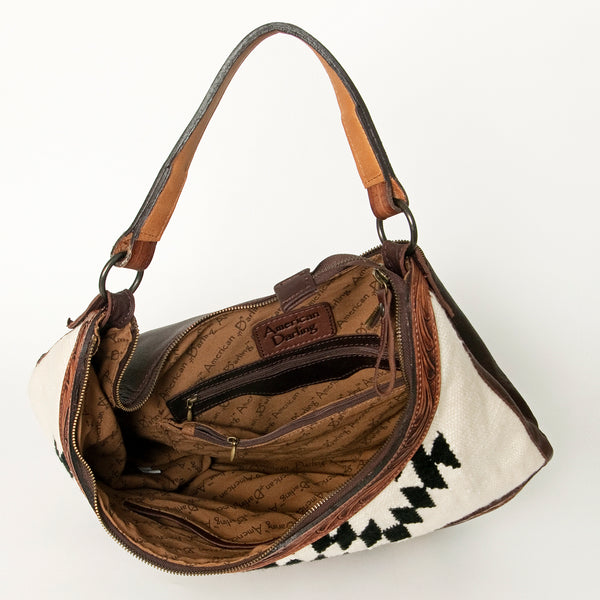LC-ADBGZ310 Hand Tooled Leather Hobo Bag - Black & White Wool Aztec Shoulder Purse