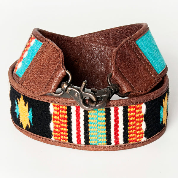 LC-ADBT141 Southwestern Woven Bag Strap with Tribal Pattern & Brown Leather Trim - Handmade Replacement