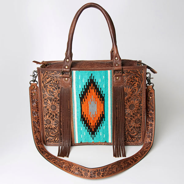 ADBG230 American Darling Western Leather Tote Bag - Hand Tooled Floral & Woven Saddle Blanket