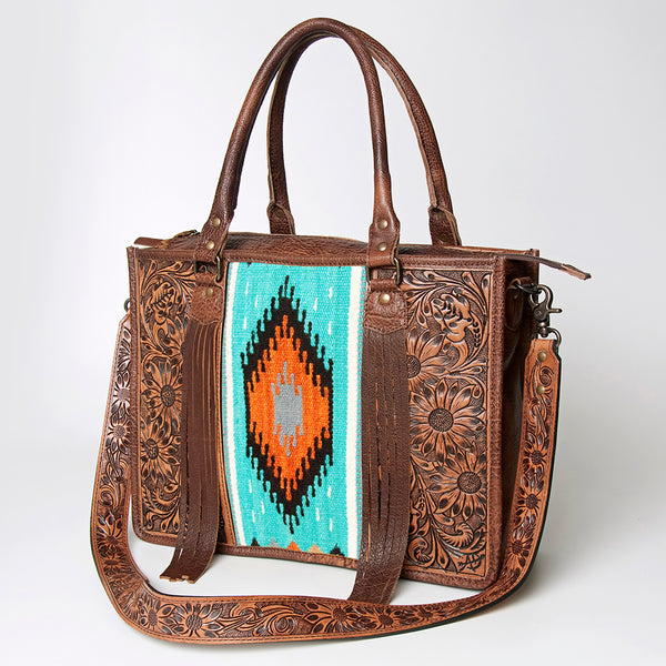 ADBG230 American Darling Western Leather Tote Bag - Hand Tooled Floral & Woven Saddle Blanket