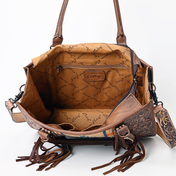 ADBG230 American Darling Western Leather Tote Bag - Hand Tooled Floral & Woven Saddle Blanket