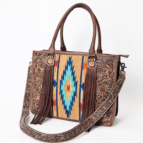 ADBG230 American Darling Western Leather Tote Bag - Hand Tooled Floral & Woven Saddle Blanket