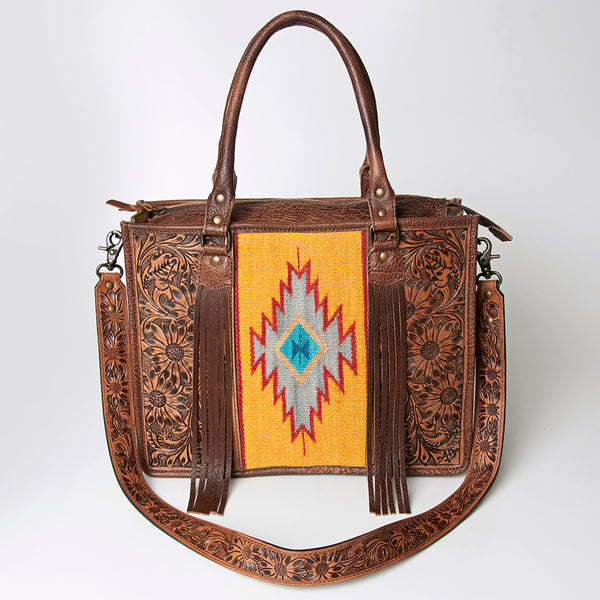 ADBG230 American Darling Western Leather Tote Bag - Hand Tooled Floral & Woven Saddle Blanket