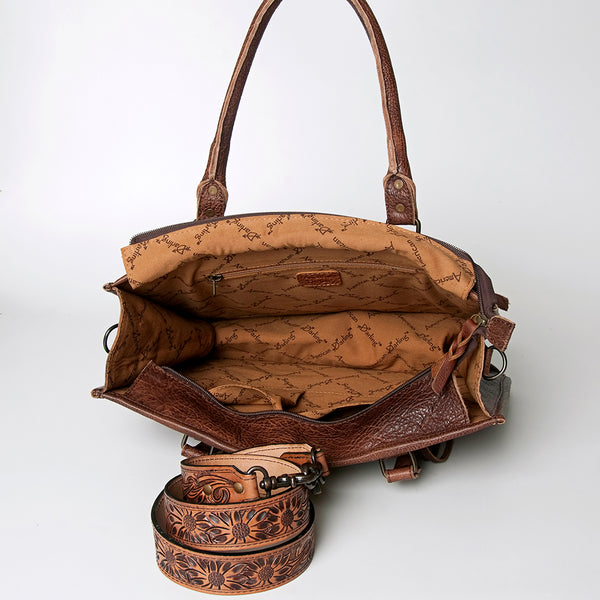 ADBG230 American Darling Western Leather Tote Bag - Hand Tooled Floral & Woven Saddle Blanket