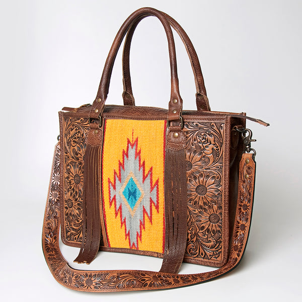 ADBG230 American Darling Western Leather Tote Bag - Hand Tooled Floral & Woven Saddle Blanket