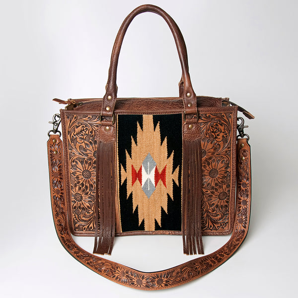 ADBG230 American Darling Western Leather Tote Bag - Hand Tooled Floral & Woven Saddle Blanket