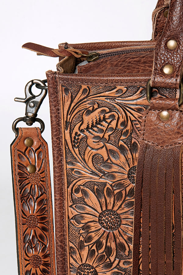 ADBG230 American Darling Western Leather Tote Bag - Hand Tooled Floral & Woven Saddle Blanket