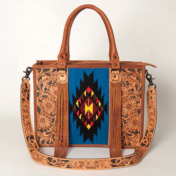 ADBG230 American Darling Western Leather Tote Bag - Hand Tooled Floral & Woven Saddle Blanket