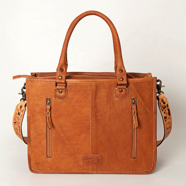 ADBG230 American Darling Western Leather Tote Bag - Hand Tooled Floral & Woven Saddle Blanket