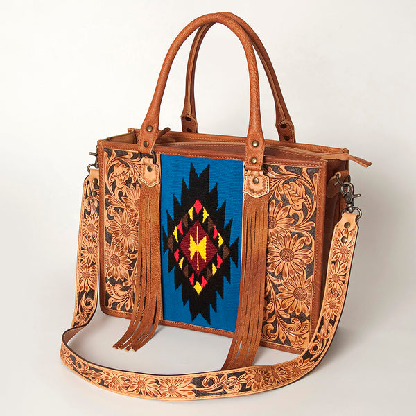 ADBG230 American Darling Western Leather Tote Bag - Hand Tooled Floral & Woven Saddle Blanket
