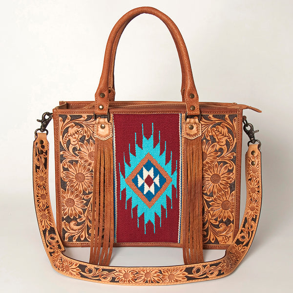 ADBG230 American Darling Western Leather Tote Bag - Hand Tooled Floral & Woven Saddle Blanket