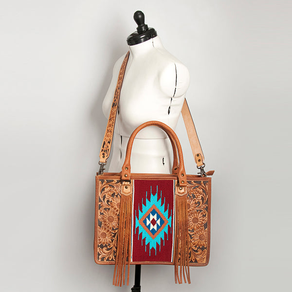 ADBG230 American Darling Western Leather Tote Bag - Hand Tooled Floral & Woven Saddle Blanket