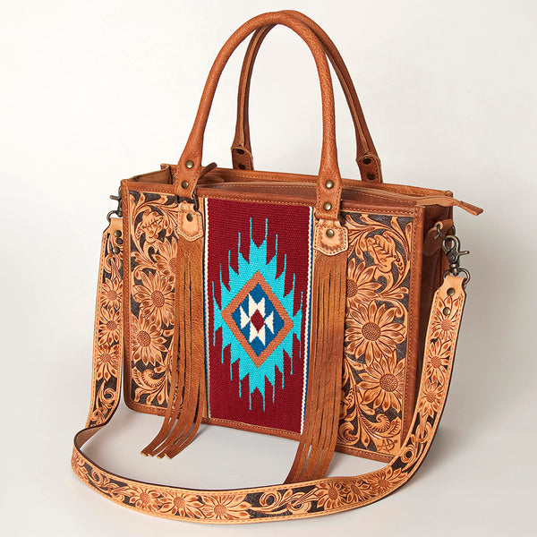 ADBG230 American Darling Western Leather Tote Bag - Hand Tooled Floral & Woven Saddle Blanket