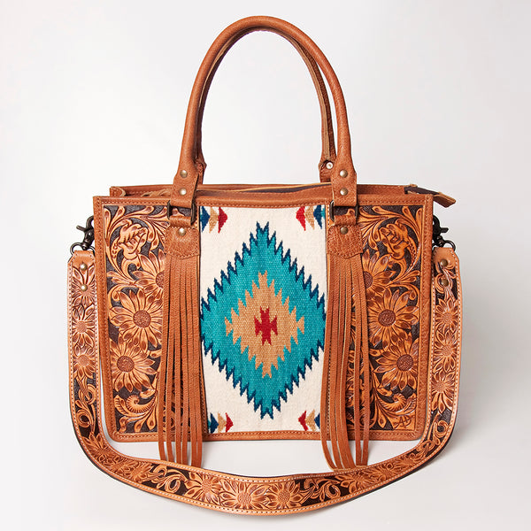 ADBG230 American Darling Western Leather Tote Bag - Hand Tooled Floral & Woven Saddle Blanket
