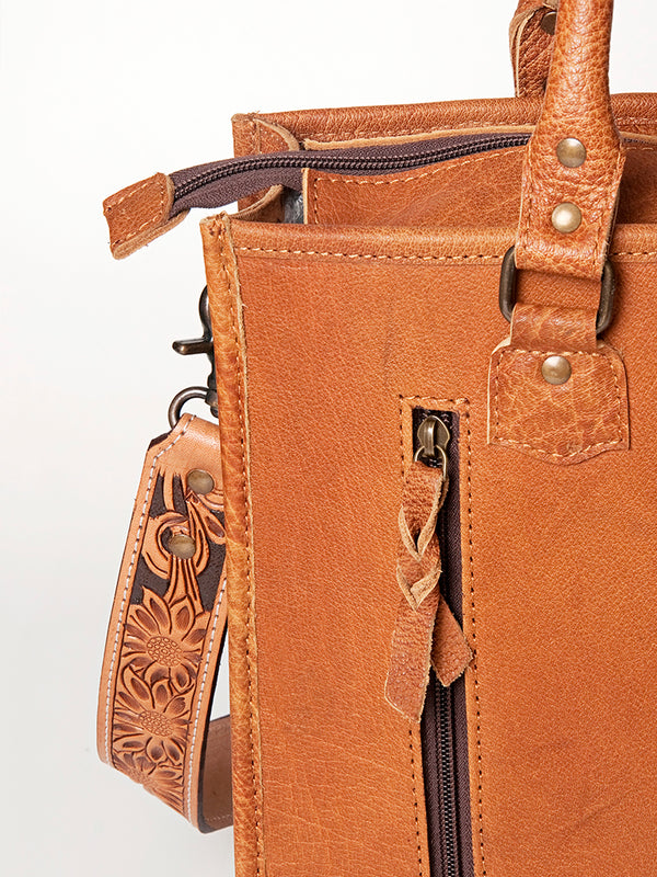 ADBG230 American Darling Western Leather Tote Bag - Hand Tooled Floral & Woven Saddle Blanket