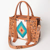 ADBG230 American Darling Western Leather Tote Bag - Hand Tooled Floral & Woven Saddle Blanket