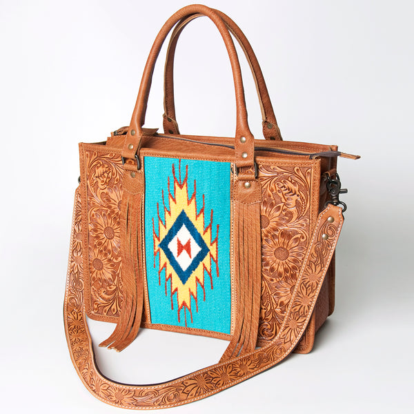 ADBG230 American Darling Hand Tooled Floral Western Leather Woven Saddle Blanket Tote Bag