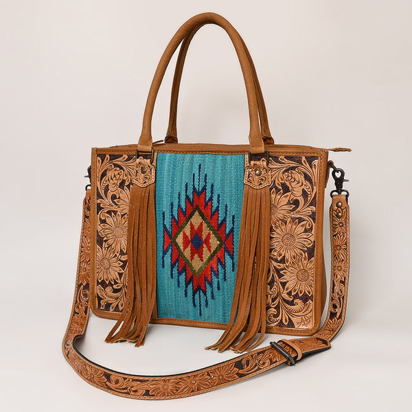 ADBG230 American Darling Hand Tooled Floral Western Leather Woven Saddle Blanket Tote Bag