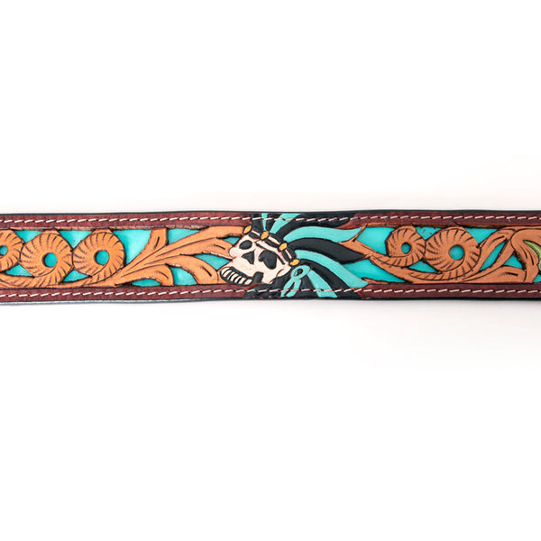LC-ADBLF128 Hand-Tooled Leather Belt Buckle - Skull & Feather Turquoise Design