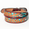 LC-ADBLF128 Hand-Tooled Leather Belt Buckle - Skull & Feather Turquoise Design