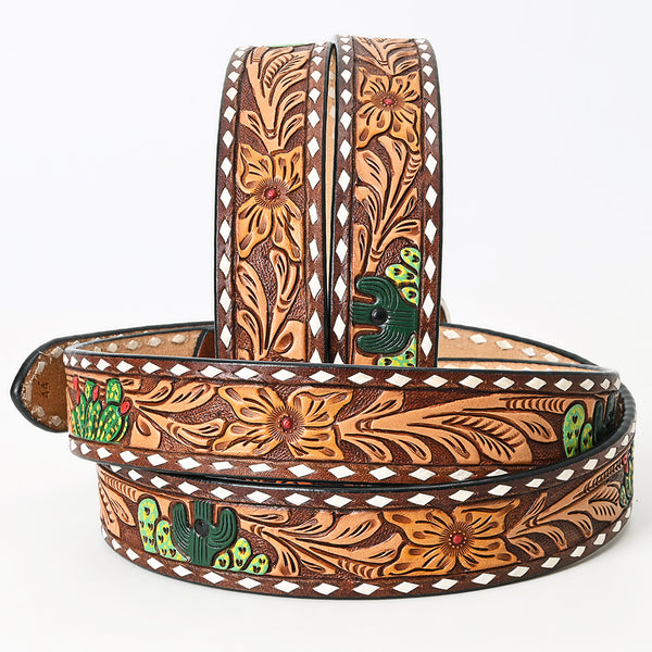 LC-ADBLF129 Hand Tooled Leather Western Belt - Floral & Cactus Design