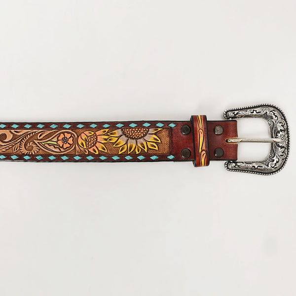 LC-ADBLF132 Tooled Leather Western Belt - Sunflower & Paisley Design with Turquoise Diamond Border