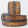 LC-ADBLF132 Tooled Leather Western Belt - Sunflower & Paisley Design with Turquoise Diamond Border