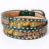 LC-ADBLF133 Tooled Leather Western Belt - Sunflower & Floral Scroll with Green Diamond Border