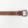 LC-ADBLF137 Tooled Leather Western Belt - Green Floral Scroll Design with White Diamond Border and Silver Buckle