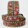 LC-ADBLF139 Tooled Leather Western Belt - Red Sunflowers & Olive Scroll Design with White Diamond Border and Silver Buckle