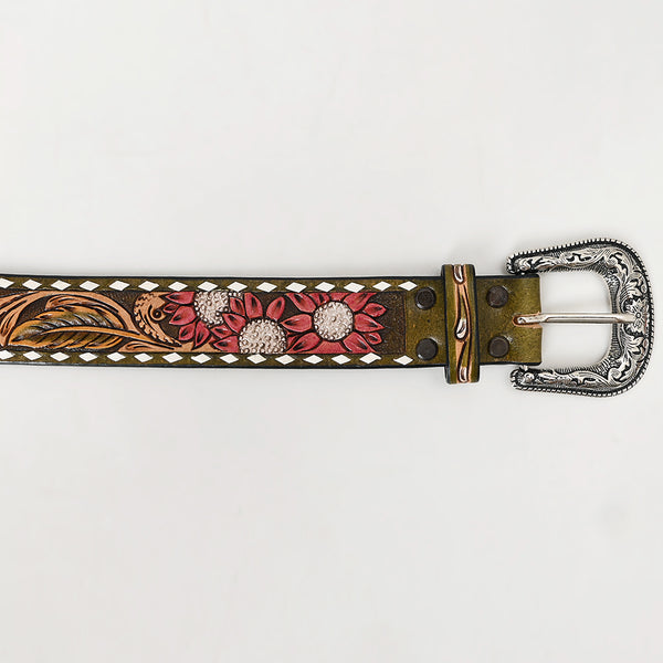 LC-ADBLF139 Tooled Leather Western Belt - Red Sunflowers & Olive Scroll Design with White Diamond Border and Silver Buckle