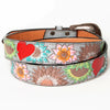 LC-ADBLF142 Hand Tooled Leather Belt - Multicolor Sunflowers & Red Heart on Gray Base