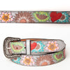 LC-ADBLF142 Hand Tooled Leather Belt - Multicolor Sunflowers & Red Heart on Gray Base