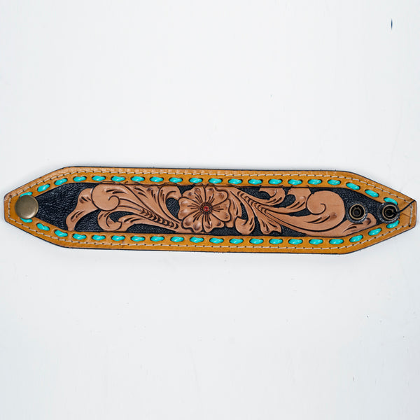 LC-ADBRF104 Tooled Leather Wristband - Floral Western Cuff with Turquoise Whipstitch & Snap Closure