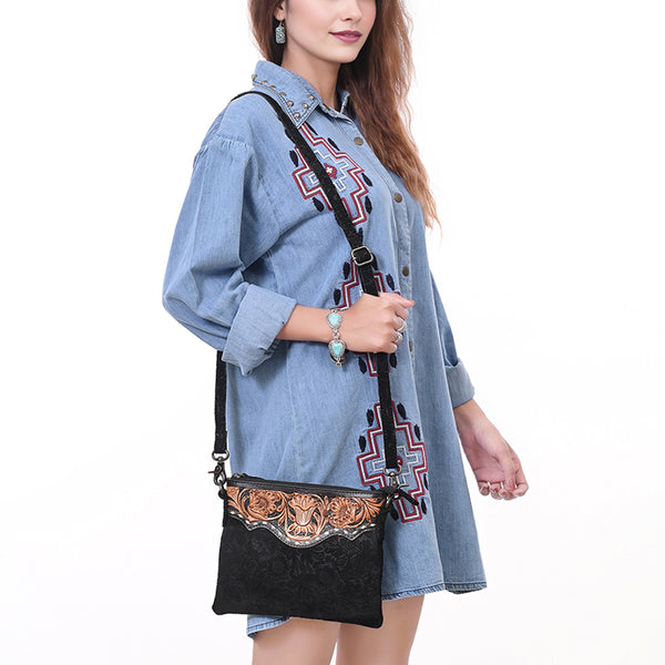 ADBG109 American Darling Hand-Tooled and Floral Embossed Leather Western Crossbody Bag