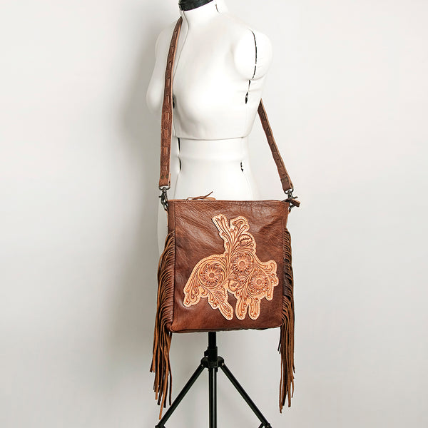 ADBG719 American Darling Hand Tooled Leather Large Cross body Bag Western Fringed Handbag