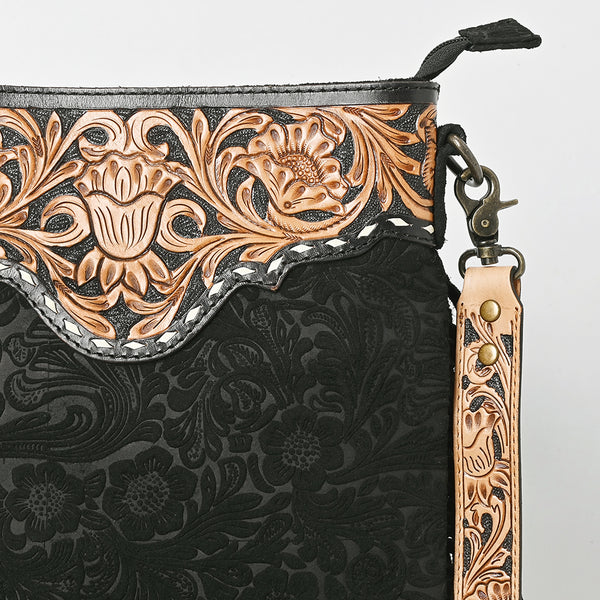 ADBGS192 Floral Embossed Leather Large Crossbody Bag with Fringe & Tooled Strap - Western Elegant Purse
