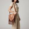 LC-ADBGZ595A Hand-Tooled Leather Fringe Sling Bag - Western Messenger with Basketweave Strap