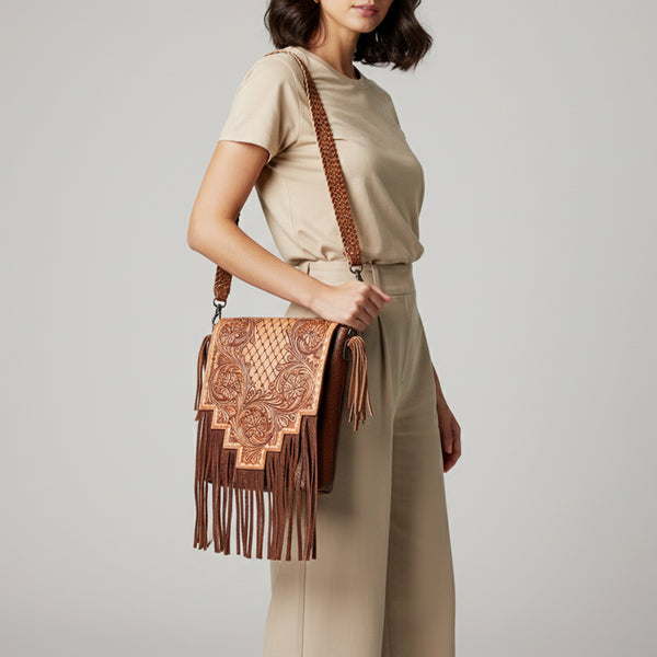 LC-ADBGZ595A Hand-Tooled Leather Fringe Sling Bag - Western Messenger with Basketweave Strap
