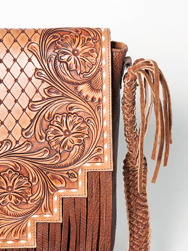 LC-ADBGZ595A Hand-Tooled Leather Fringe Sling Bag - Western Messenger with Basketweave Strap