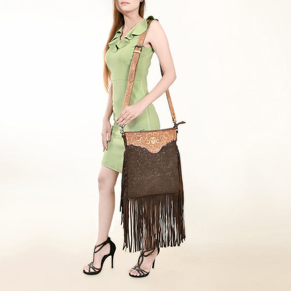 ADBGS192 Floral Embossed Leather Large Crossbody Bag with Fringe & Tooled Strap - Western Elegant Purse