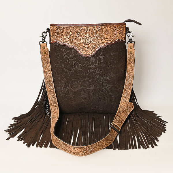 ADBGS192 Floral Embossed Leather Large Crossbody Bag with Fringe & Tooled Strap - Western Elegant Purse