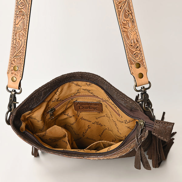 ADBGS192 Floral Embossed Leather Large Crossbody Bag with Fringe & Tooled Strap - Western Elegant Purse