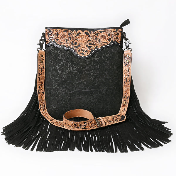 ADBGS192 Floral Embossed Leather Large Crossbody Bag with Fringe & Tooled Strap - Western Elegant Purse