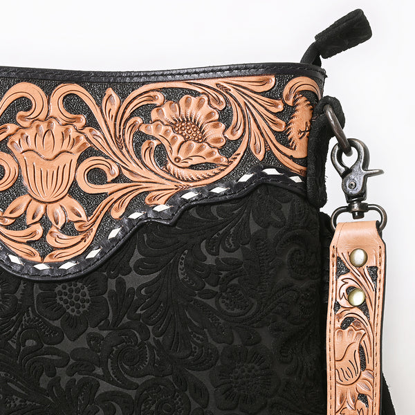 ADBGS192 Floral Embossed Leather Large Crossbody Bag with Fringe & Tooled Strap - Western Elegant Purse