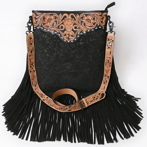 ADBGS192 Floral Embossed Leather Large Crossbody Bag with Fringe & Tooled Strap - Western Elegant Purse