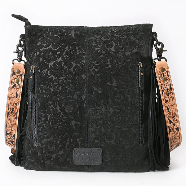 ADBGS192 Floral Embossed Leather Large Crossbody Bag with Fringe & Tooled Strap - Western Elegant Purse