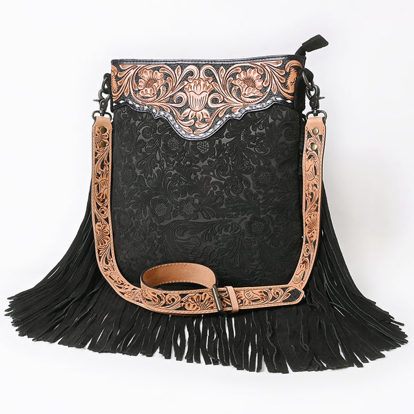 ADBGS192 Floral Embossed Leather Large Crossbody Bag with Fringe & Tooled Strap - Western Elegant Purse